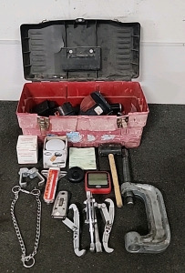 Tool Box Various Tools, Large C Clamp ,Cylinder Puller,Rubber Malet Super Tech Filter, Road Passion Motorcycle Filter, And Lots More