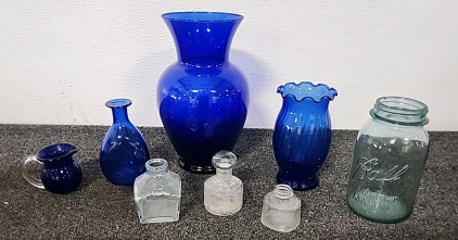 Antique Blue Glass and Antique Medicine Bottles