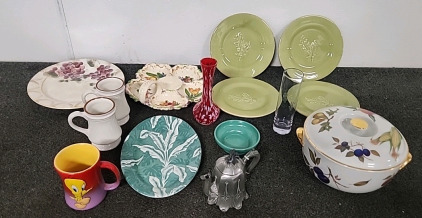 Various Plates,Coffee Cups ,Creamer Cup, Flowers Vase, Serving Plater,Coverd Serving Bowl.