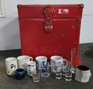 Red Vintage Trunk, Coffee Cups, Shot Glasses And Romance Novels