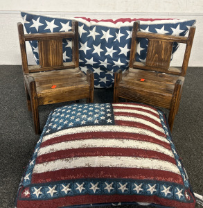 (2) American Flag Pillows & (2) Small Wooden Chairs