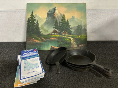 Cast Iron Pans, Maps Of The North West, And Painting