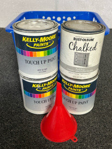 (3) Touch Up Paint Cans, Basket, & Funnel