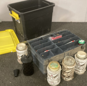 SMALL BLACK STORAGE BOX WITH CITRONELLA CANDLES, VINTAGE PLANO TACKLE BOX.