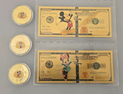 (2) Disney Mickey And Minnie Gold Leaf Bill's, (3) Commemorative Disney 100 Coins