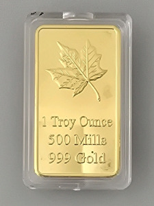 .999 Gold 1 Troy Ounce Bar, 500 Mills Canadian Maple Leaf- Authentication Unavailable