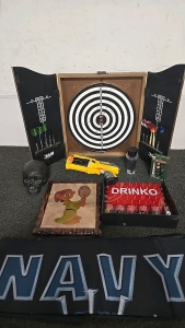 (1) Budweiser Dart Board With Darts (1) Bottle of Burberry Touch For Men (1) Navy Flag (1) Drinko Game Set and More