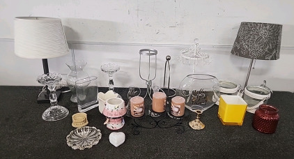 Various vase's and Candle Stands, two Desk top Lamps