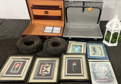 2 BRIEFCASES, 2 SMALL TIRE S WITH INNERTUBES, VARIETY OF 8” X 10” AND 5”X 7”.