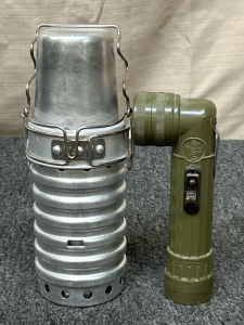 Vintage Flashlight and Swiss Army Military Aluminum Volcano Bottle Canteen Cup Top Stove Cook Set