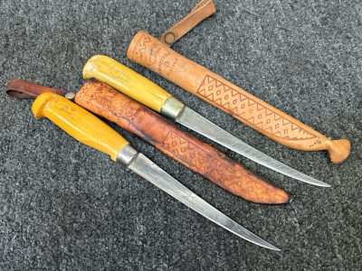 (2) J. Marttiini Filleting Knives with Leather Sheaths