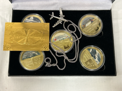 Boeing 737Max Crashes Commemorative Set of Coins With Gold Plated Certificate and Airliner Necklace