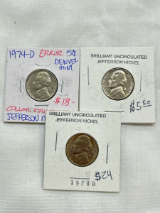 (3) Vintage Nickels: 1974-D, 1974 Uncirculated, and 1978-D Uncirculated