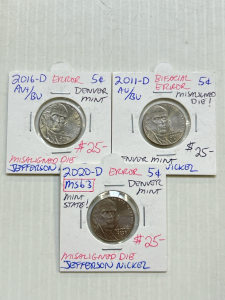 (3) Vintage Nickels With Mint Error: 2011-D, 2016-D, and 2020-D