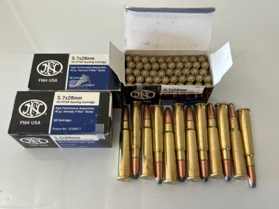 (3) Boxes Of 5.7x28mm Brass Casings and (12) Live Rounds Of 303 British Ammo