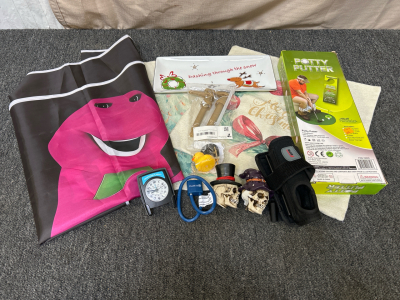 Box Of Home Goods: Skull Decorations, Barney The Dinosaur "Commit Tax Fraud Flag", Gun Lock, Xmas Ceramic Tray and Pillow Covers and More