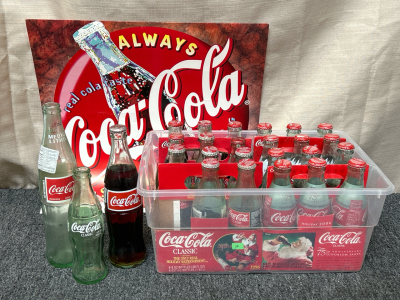 24"x24" Coca Cola P&oacute;ster and Collectible Bottles Including Holiday Bottles