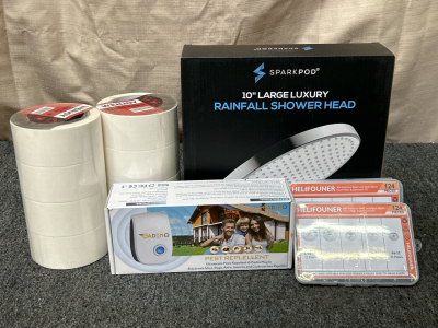 (8) Rolls Of Wenjoy Duct Tape, Gadino Ultrasonic Pest Repellent, Sparkpod 10" Rainfall Shower Head, and (2) Stainless Steel Lock Nut Kits