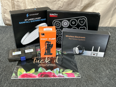 Sparkpod 10" Rainfall Shower Head, SunCity 12 Cup Donut Pan, Foot Pump, Fishing Jigs, Wireless Electronic Pet Fence System and 2025 Calendar