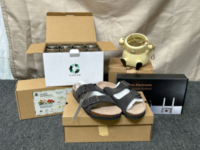 Garden Solar Lights, Flower Growing Kit, Swing Face Planter Pot, Wireless Electronic Pet Fence System, and Pair of Woman's Sandals Size 7