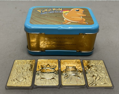 (4) Gold Toned Collectible Pokémon Bars And One Collectible Metal Pokémon Box