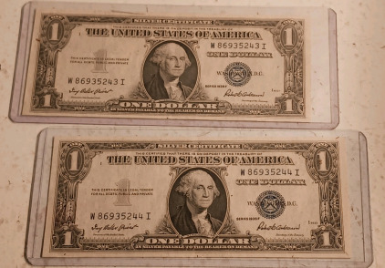 (2) 1935 Blue Seal Silver Dollar $1 Consecutive Serial Numbers In Protective Cases