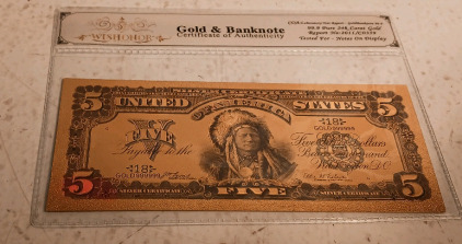 24k Gold Flake $5 Bank Note W/COA (Please Inspect)