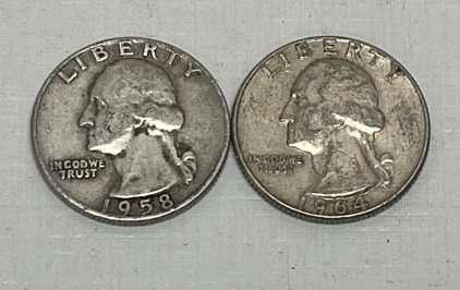 (2) Washington Silver Quarters Dated 1958 And 1964