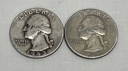 (2) Washington Silver Quarters Dated 1943 And 1949