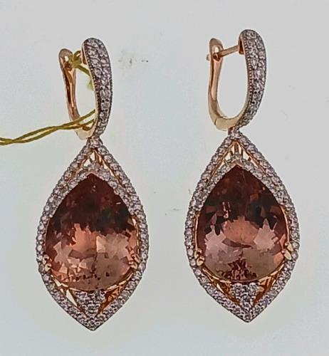 14K Rose Gold Natural Morganite Beryl (14.54ct) and Diamond (1.51ct) Earrings Pear Brilliant Cut Morganite Beryl Gemstones-Retail Value $21,940