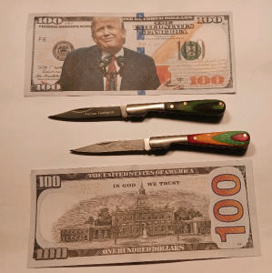 (2) Toothpick Knifes, (2) Trump $100 (Fake/Play Currency)