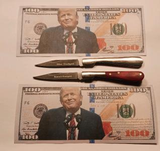 (2) Toothpick Knifes, (2) Trump $100 (Fake/Play Currency)