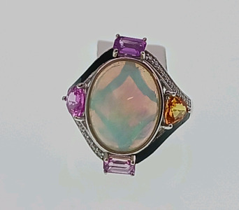 Platinum Natural Opal, Yellow/Pink Sapphire Corundum (6.43 ct total) and Diamond (.12ct) Ring (size 7) Oval Cabochon Cut Natural Opal Gemstone Retail Value $10,270