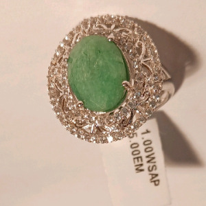 Emerald Oval Cabochon (5.00ctw) Surrounded Sapphire Corundum Round Faceted Gemstones (1.00ctw) 925 Silver Ring (size 7.5)