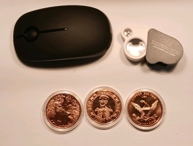 (3) .999 Copper Coins, Jewelry Magnifier, 2.5G Wireless Mouse