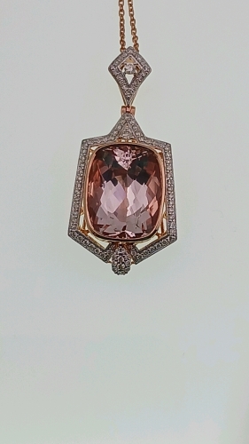 14K Two Tone Gold Natural Morganite Beryl (16.20ct) and Diamond (0.70ct) Pendent W/Chain. Retail Value $21,460