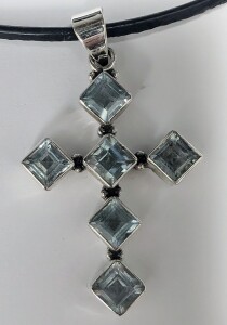 $200 Silver Blur Topaz Cross With Lether Cord Pendant