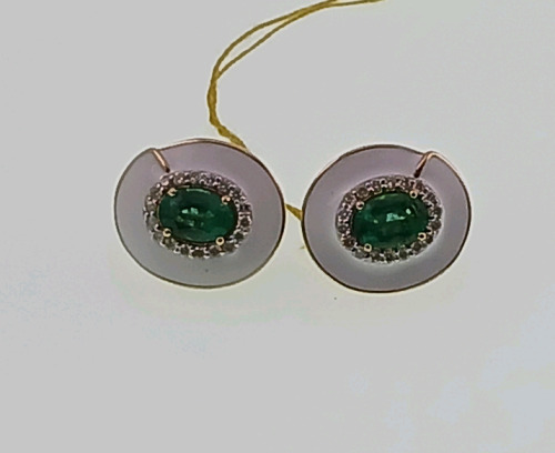 Set 14K a yellow Gold Lady's Diamond and Emerald Earrings Oval Center Emerald Stones (1.27ct tw) Surrounded Round Brilliant Cut Diamonds (.31ct) Retail Value $6,520