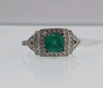 Platinum Emerald and Diamond Ring (size 6.5) Square Emerald Cut Natural Beryl (1.03ct) 54 Round Brilliant Cut Diamonds (0.50ctw) Retail Value $8,100.00