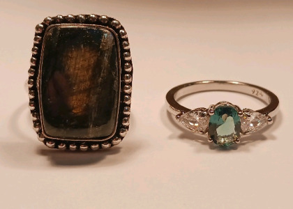 Blue and White Oval Sapphire .925 Silver Ring (size 10) Labradorite .925 Silver Ring (size 8)