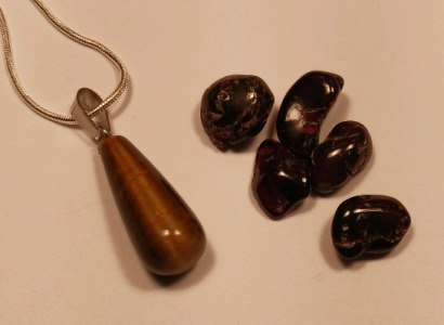 Tiger Eye Jasper Water drop .925 Silver Necklace, (5) Idaho Star Garnets [Tumble Polished] Ring Size Gemstones (37.90ct)