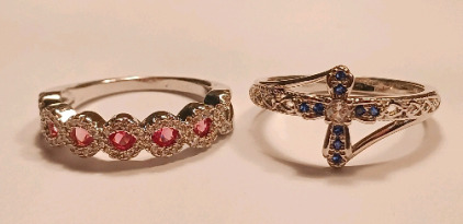 Red Ruby 5 Stone .925 Silver Ring (size 9) Sapphire Cross .925 Silver Ring (size 10)