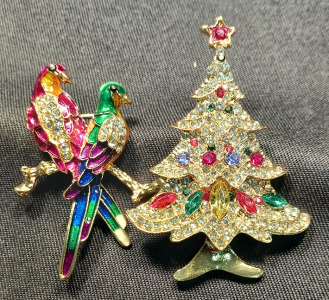 Christmas Tree and Red/Green Parrot Brooch