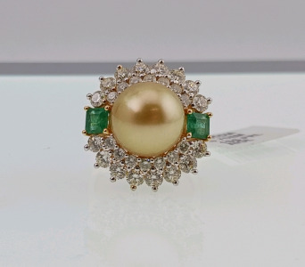 18K Gold South Sea Pearl, Emerald and Diamond Ring (size 6.5) Marked Oscar Friedman Yellow Gold Genuine Cultured South Sea Pearl (12mm) 2 Genuine Faceted Square Emeralds (0.07ct) 30 Round Brilliant Cut Diamonds (1.95ct) Retail Value $13,947.00