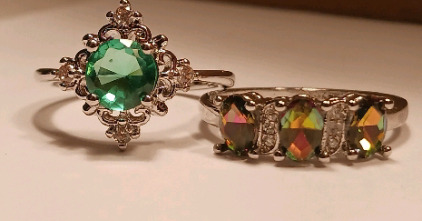 Blue-Green Faceted Oval .925 Silver Ring (size 8), Mystic Rainbow Topaz 3 Stone .925 Silver Ring (size 8)