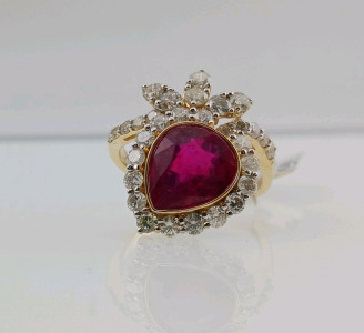 14K Yellow Gold Custom Diamond and Ruby Ring (size 7) Pearl Natural Ruby Composite in Bezel Setting (3.92ct) Round Brilliant Cut Diamonds (1.58ct) Retail Value $6,215.00