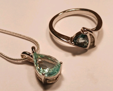 Aquamarine Teardrop .925 Silver Necklace, Aquamarine Trillion .925 Silver Ring (size 8)