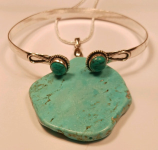 Blue Turquoise Freeform Slice .925 Silver Necklace, Turquoise Cuff Bracelet