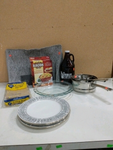 3) Wilshire House Spanish Scroll Plates, Stainless Steamer Pot and Egg Pot, Pyrex Pie Pan and (4) Placemats