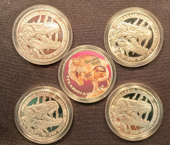 (5) Jurassic Time Dinosaurs Silver Plated Coins